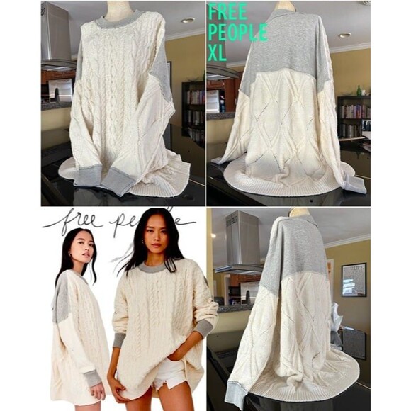 Free People Cream & Gray Mixed Media Olympia Cableknit Sweater Tunic Oversized - Picture 1 of 12